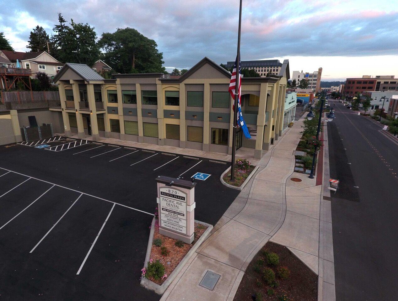 Pacific Plaza, the office building at 820 Pacific Avenue in Bremerton, at dusk